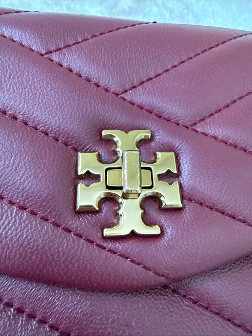 TORY BURCH Kira Chevron Quilted Leather Chain Strap Crossbody Bag in Burgundy